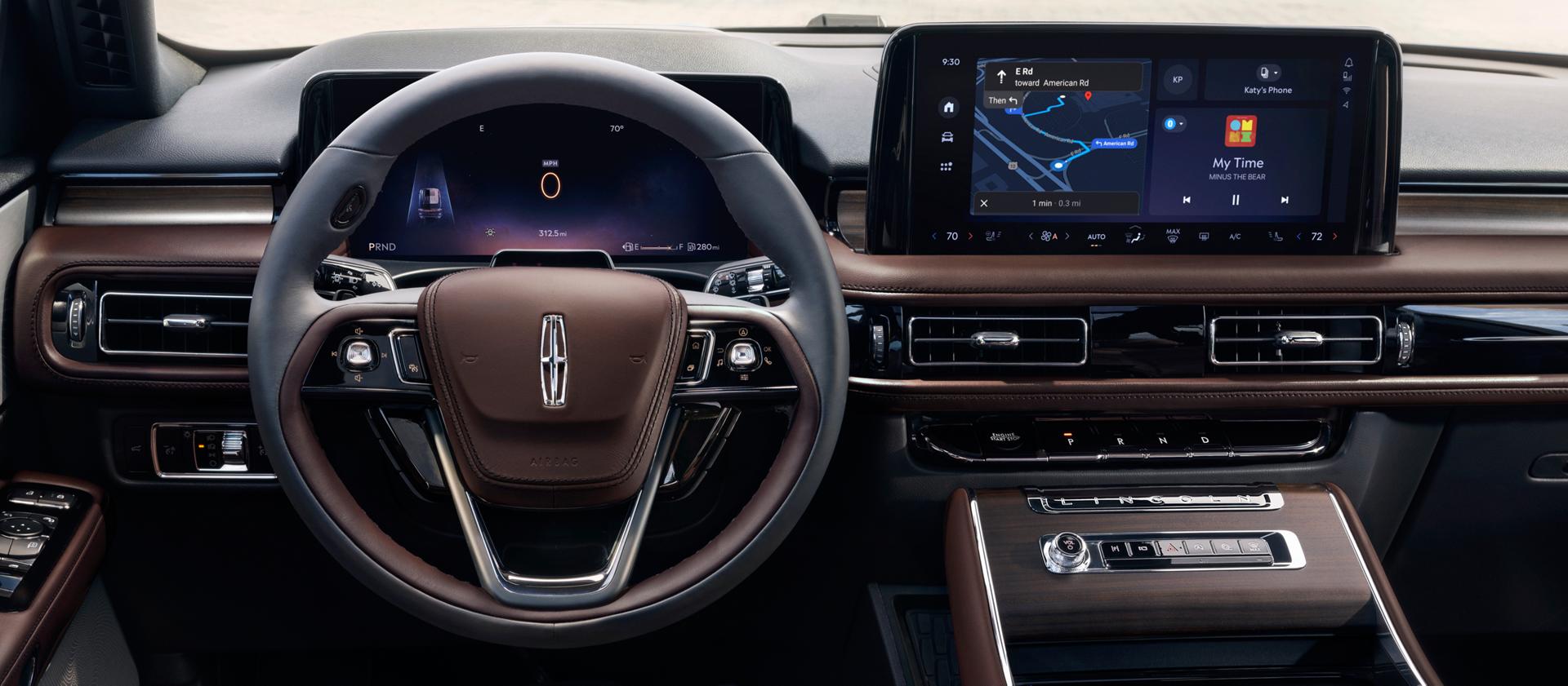 Driver information is projected on the windshield by the Head-up display of a 2026 Lincoln Aviator® SUV