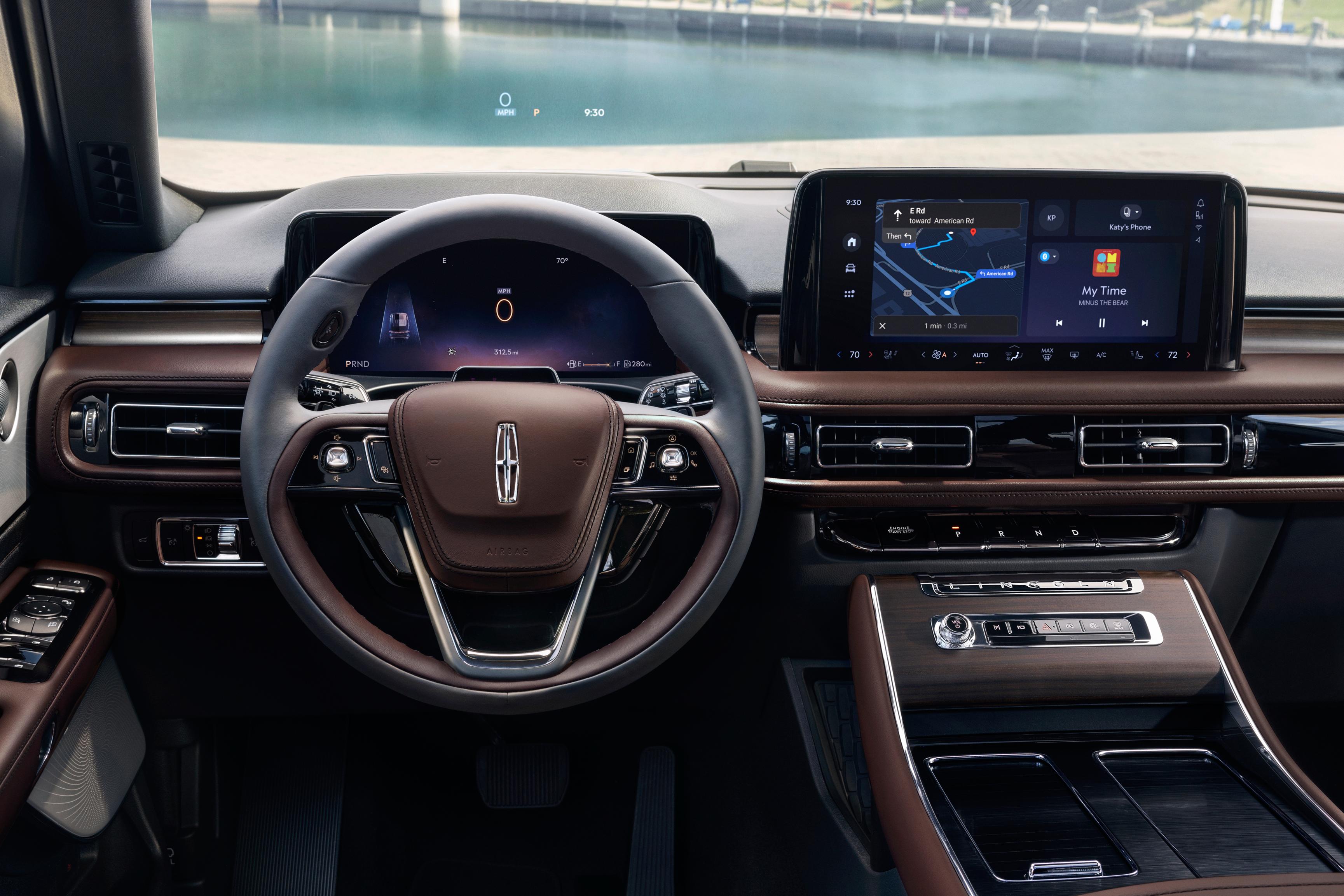 Driver information is projected on the windshield by the Head-up display of a 2026 Lincoln Aviator® SUV