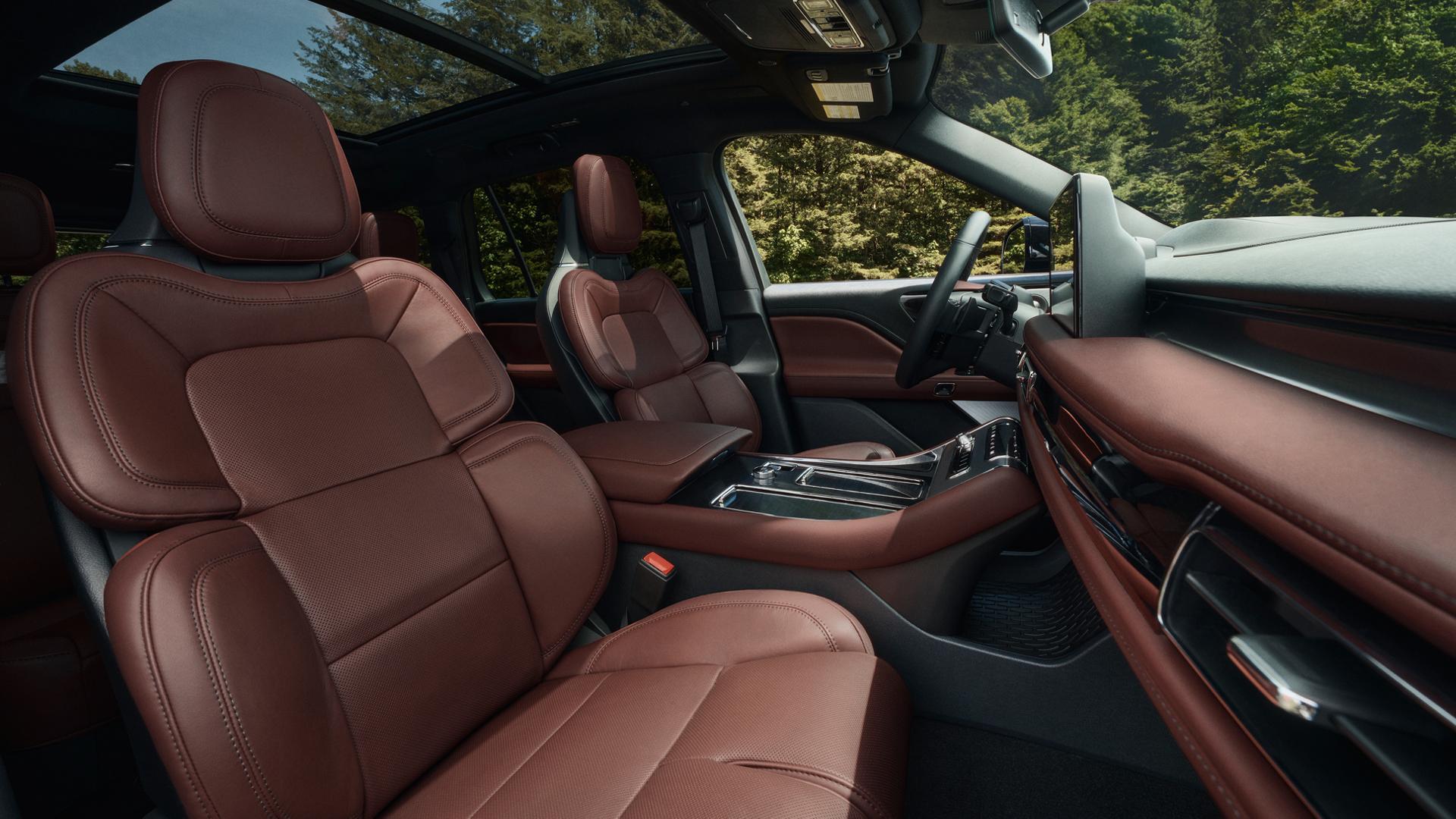 The interior of a 2027 Lincoln Aviator® SUV with available Perfect Position front seats