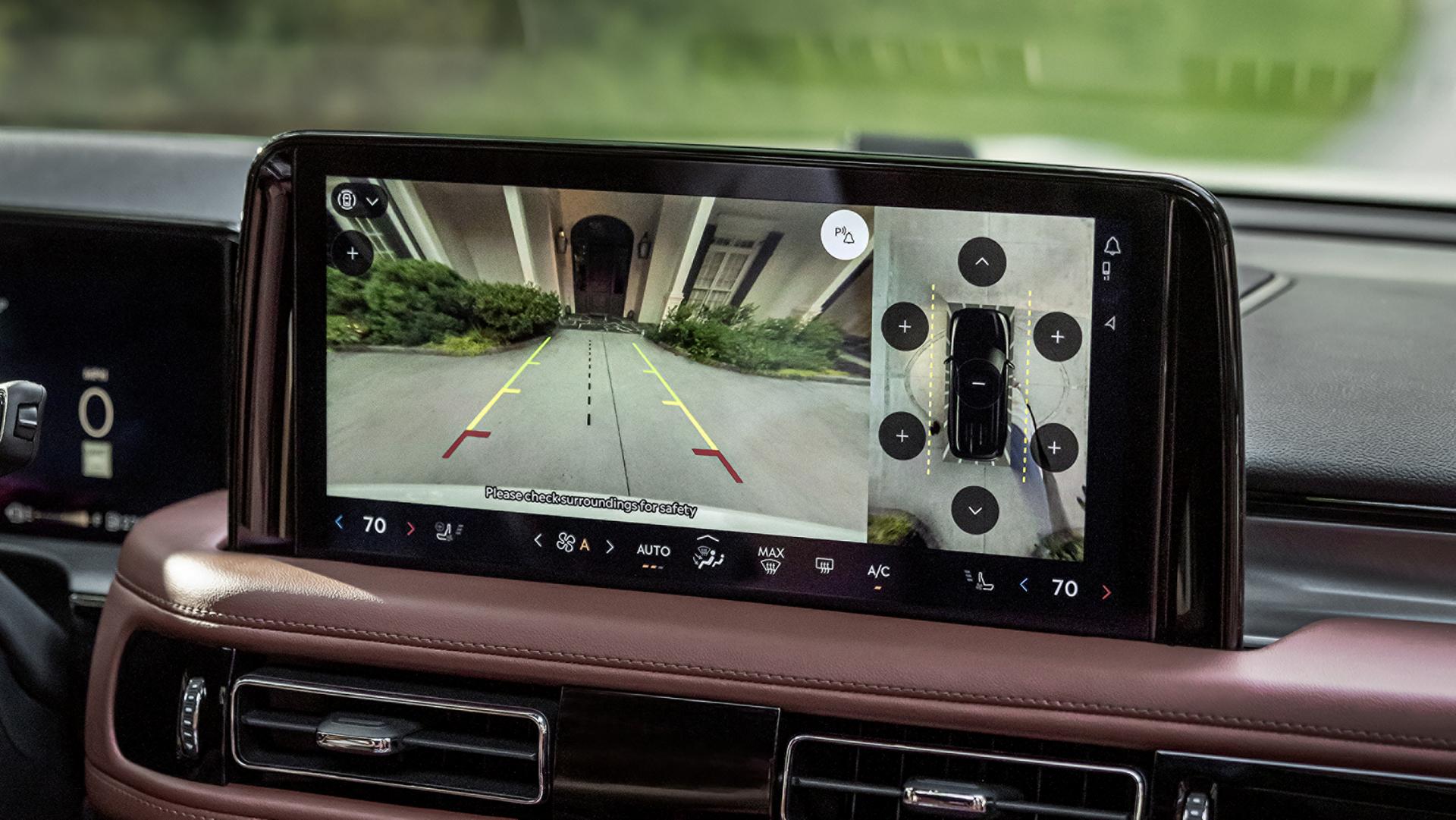 The 360 Degree camera system shows what is behind a 2026 Lincoln Aviator® SUV in the center touch screen