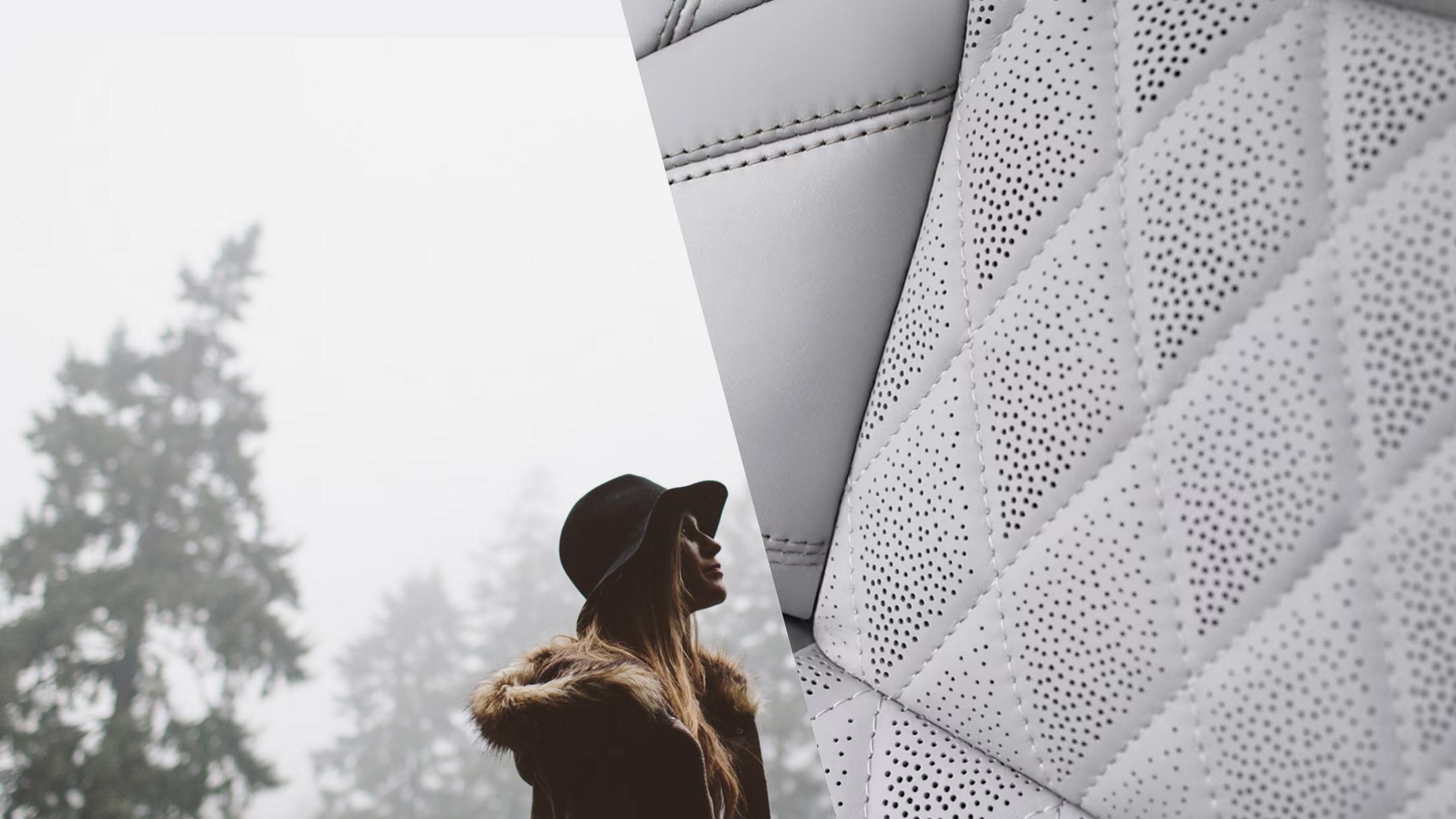 Una mujer caminando al aire libre en un día brumoso y el tema interior Atmospheric