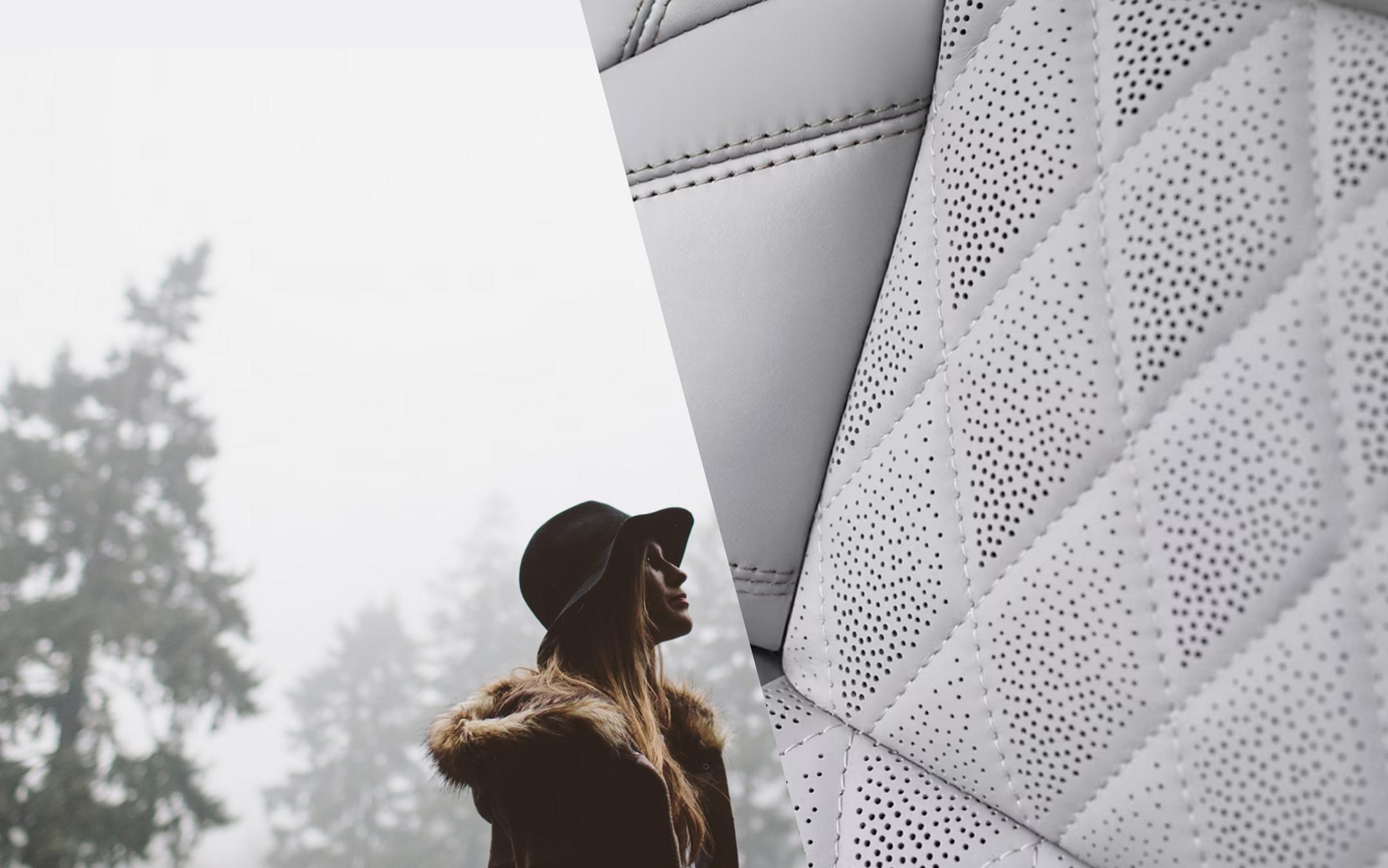 A side-by-side of a woman walking outdoors on a misty day and the Atmospheric interior theme