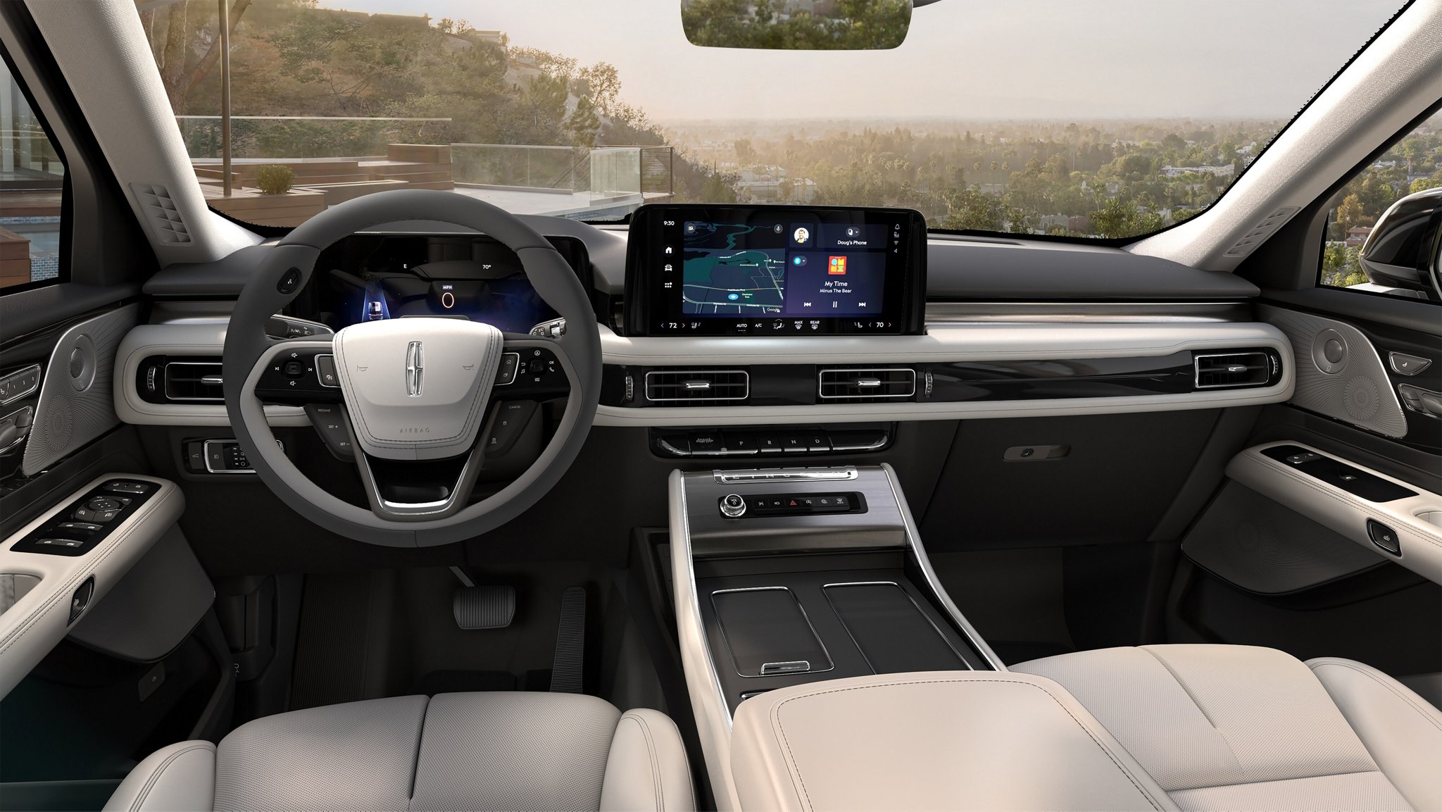 The interior of a 2025 Lincoln Aviator® SUV from the second row looking through the windshield