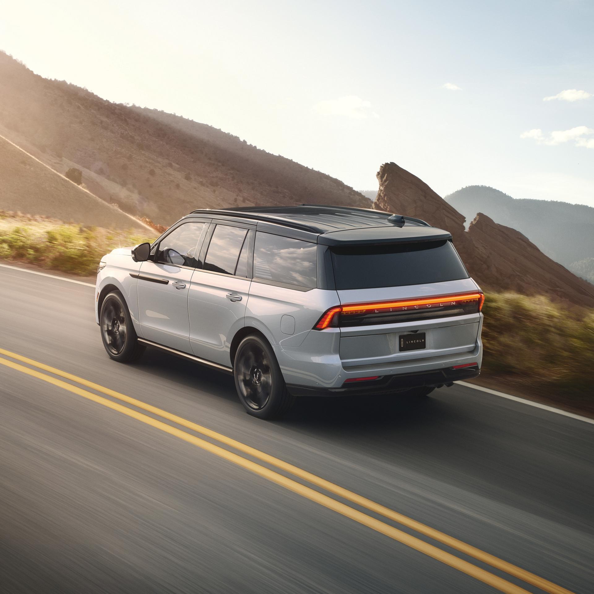 A high rear camera shot of the 2027 Lincoln Navigator® Black Label™ model with the available Special Edition package