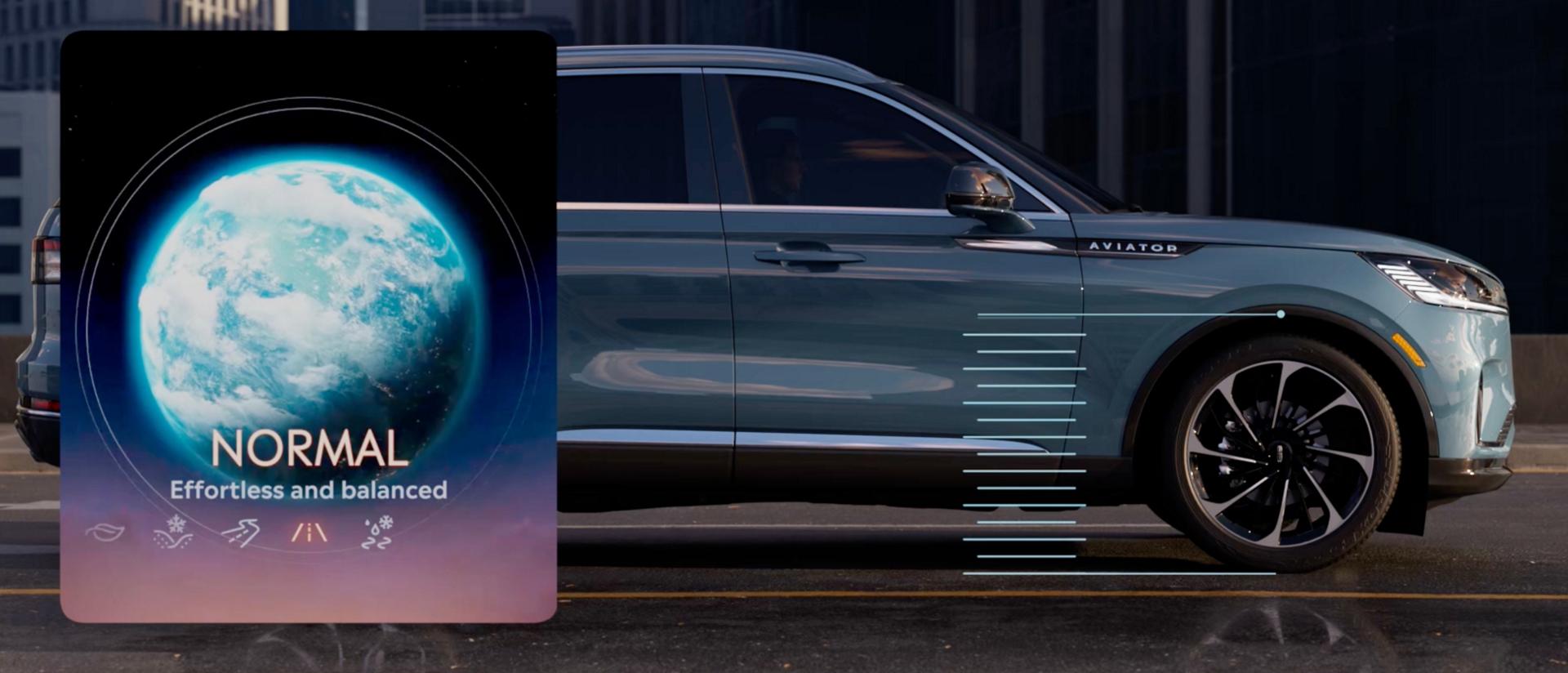 Hash marks are simulated to show how the suspension of a 2027 Lincoln Aviator® SUV can raise and lower