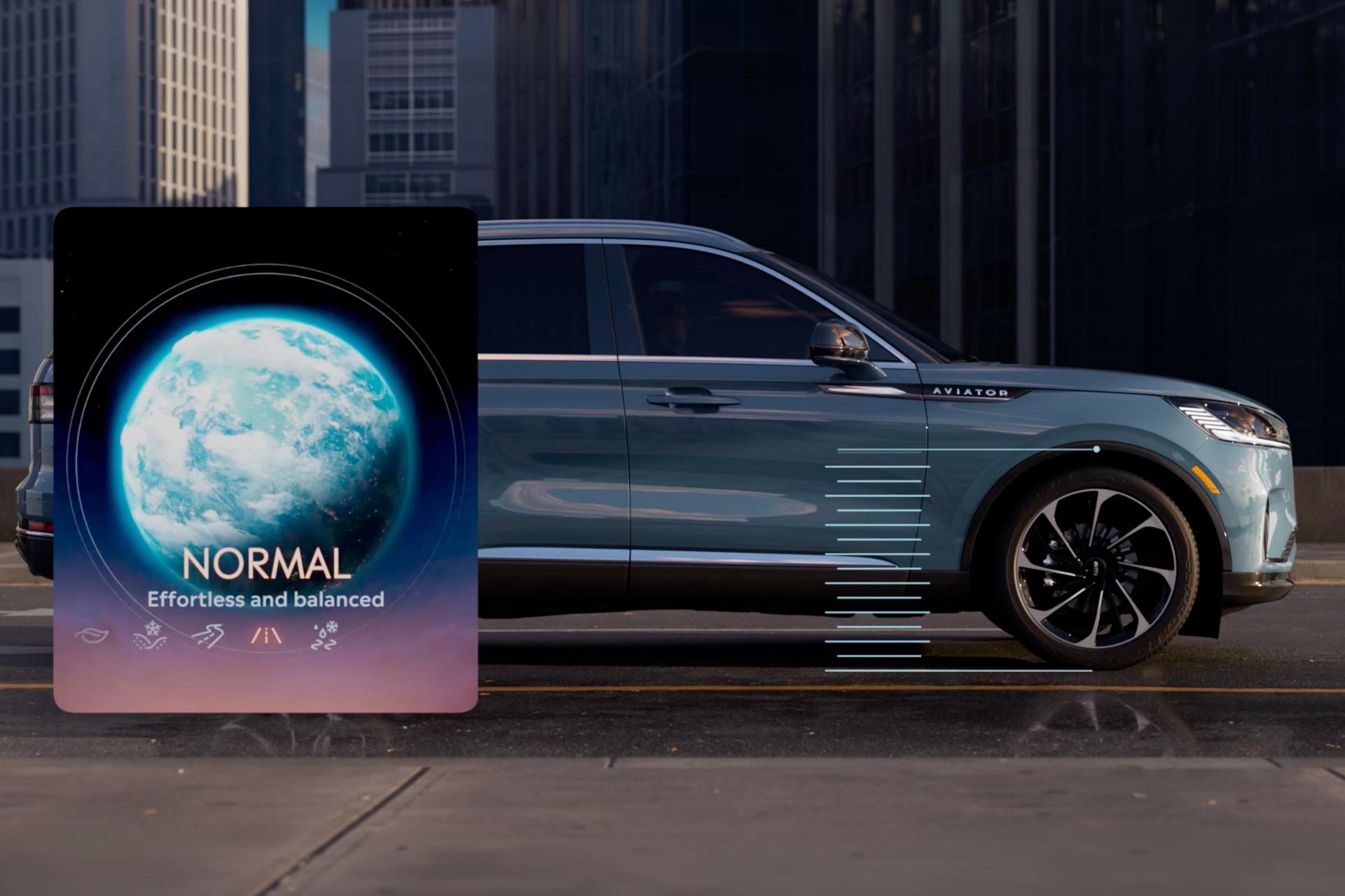 Hash marks are simulated to show how the suspension of a 2027 Lincoln Aviator® SUV can raise and lowe