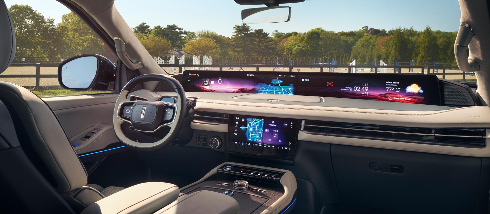 The front interior of a 2026 Lincoln Black Label Navigator in Atmospheric theme