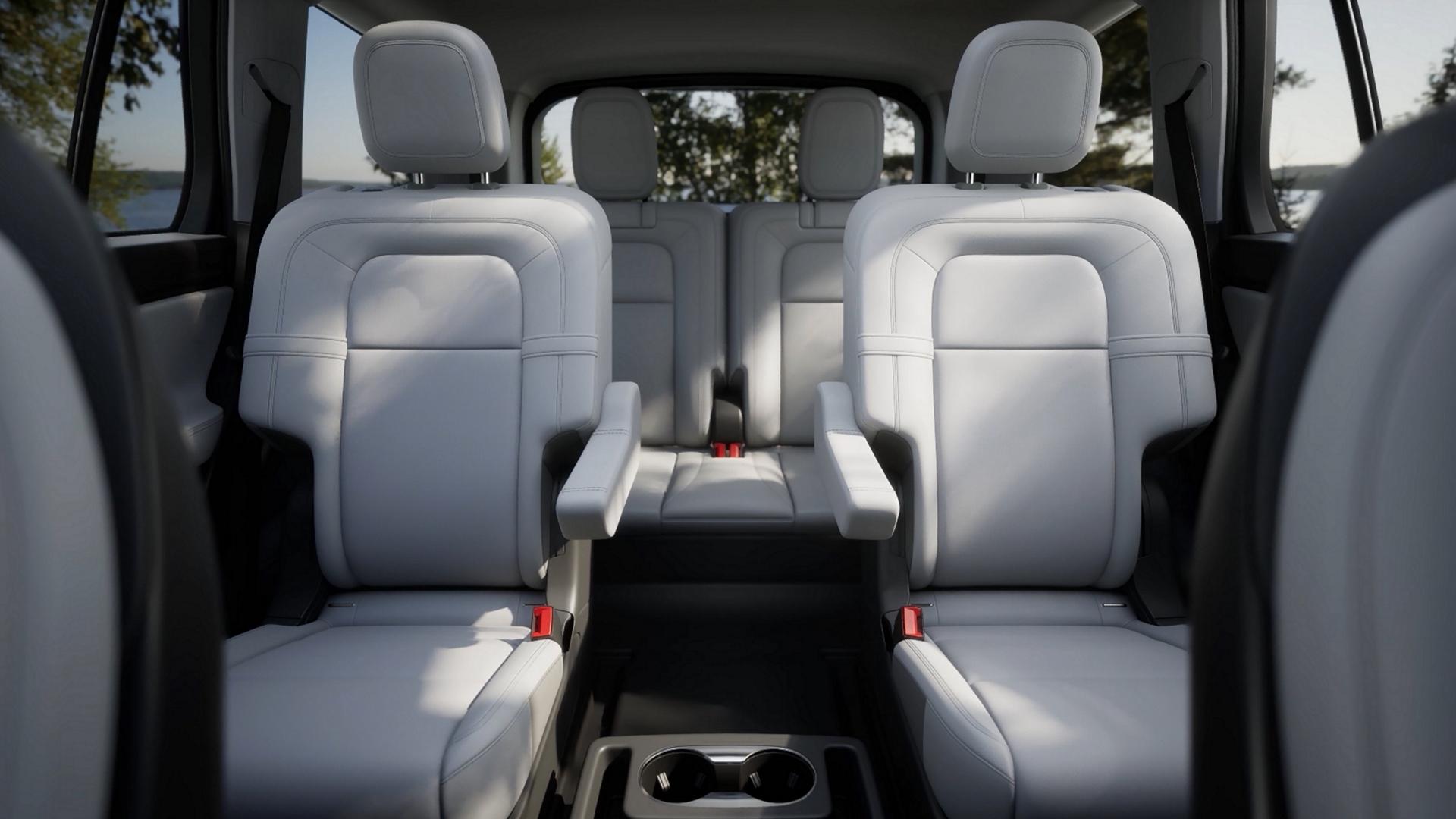 The second row of a 2026 Lincoln Aviator® SUV in the captain’s chairs configuration