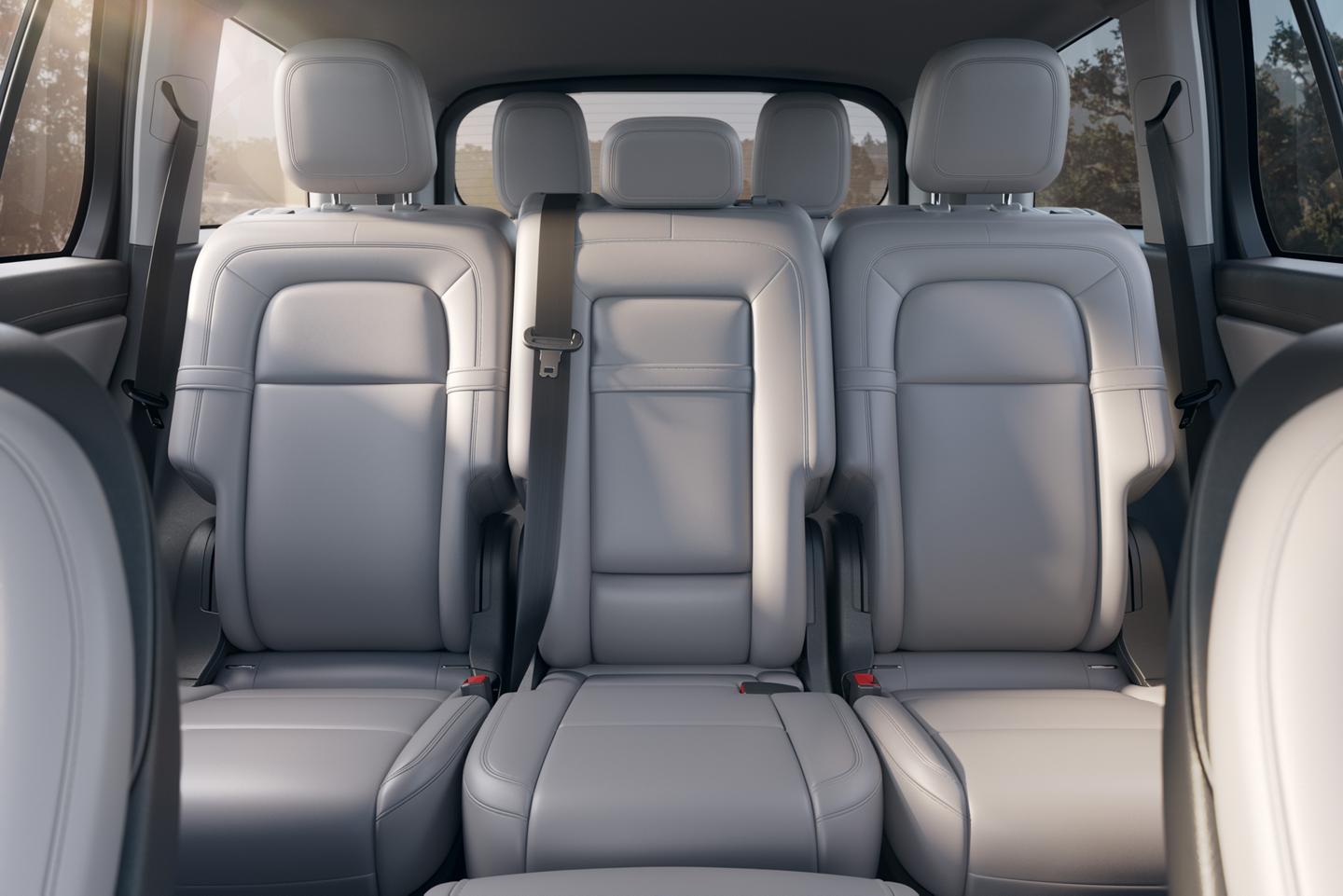 The second row of a 2026 Lincoln Aviator® SUV is shown with comfortable seating for three