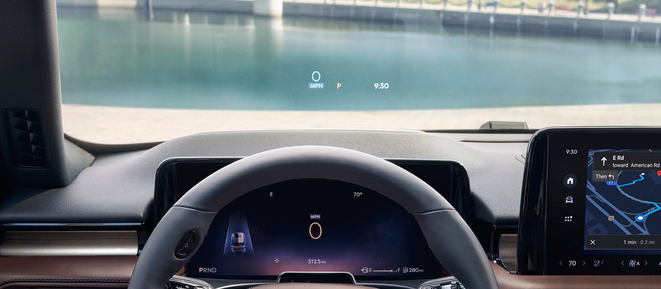 Driver information is projected on the windshield by the Head-up display of a 2026 Lincoln Aviator® SUV