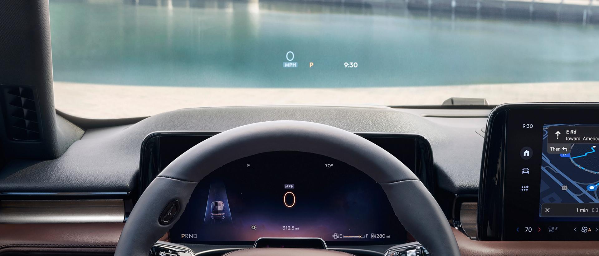 Driver information is projected on the windshield by the Head-up display of a 2026 Lincoln Aviator® SUV
