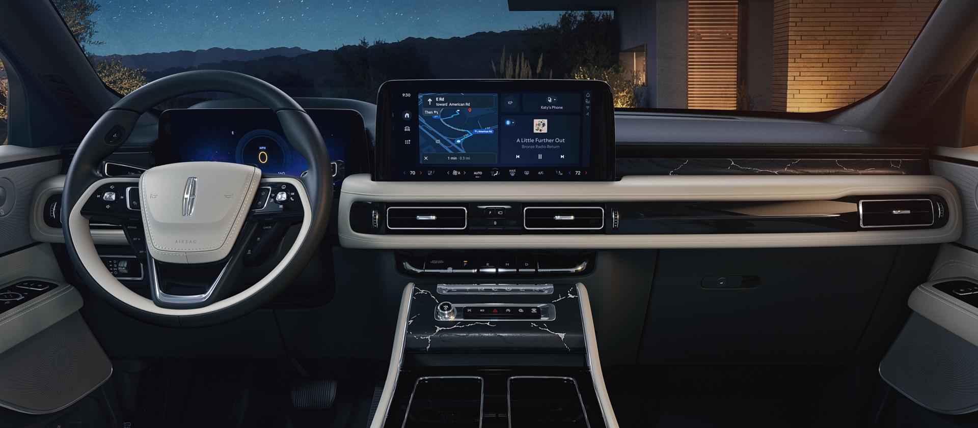 The full dash of a 2027 Lincoln Aviator Black Label™ SUV with the Moonbeam interior theme