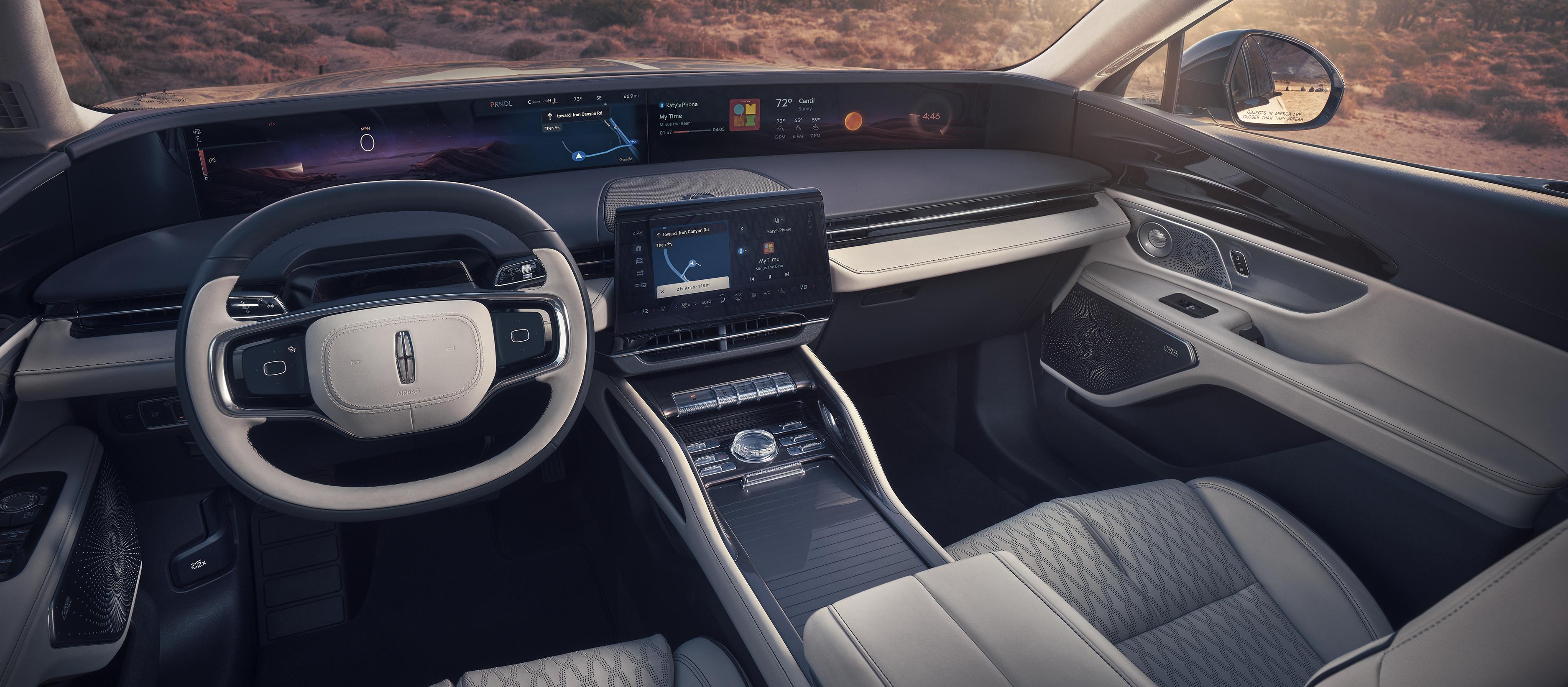 The front dash of a 2026 Lincoln Black Label™ Nautilus® SUV in the Chalet theme featuring the 48-inch panoramic display