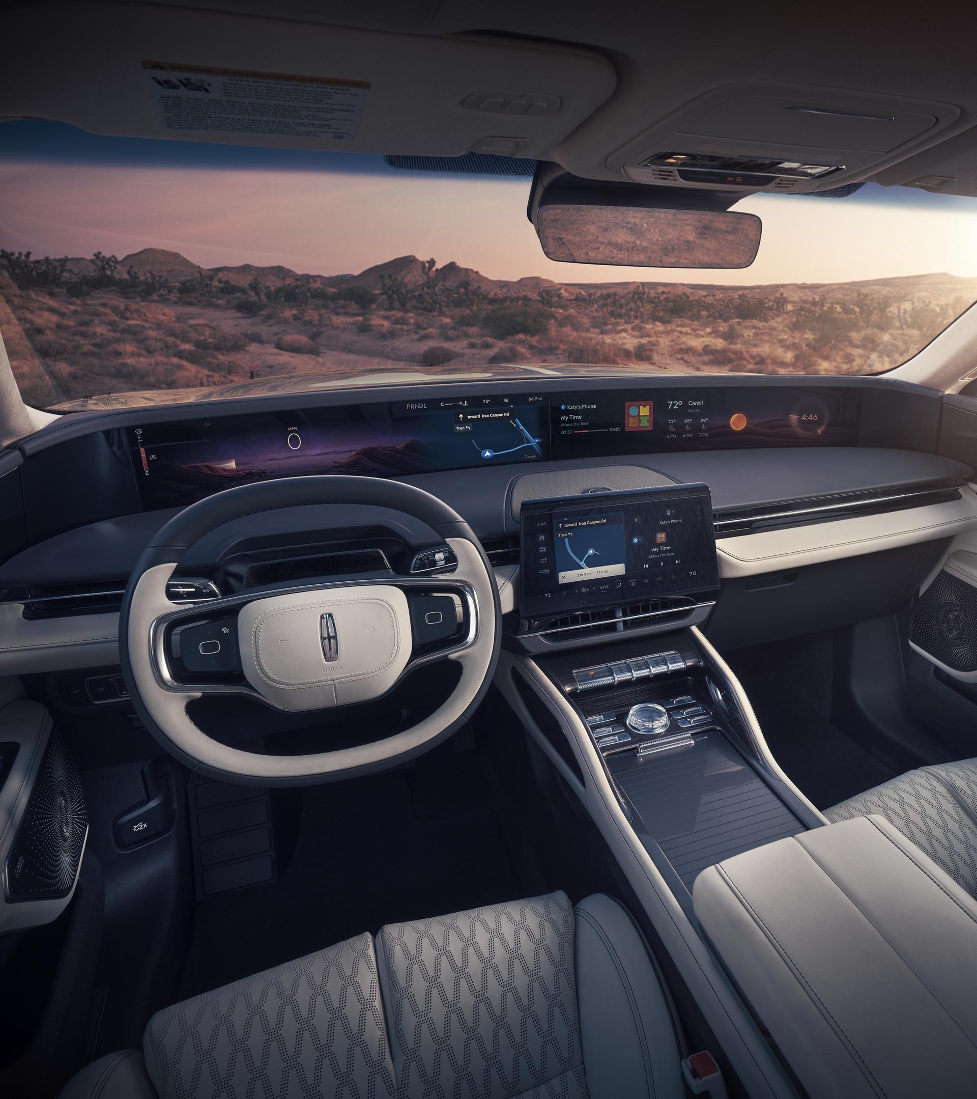The front dash of a 2026 Lincoln Black Label™ Nautilus® SUV in the Chalet theme featuring the 48-inch panoramic display
