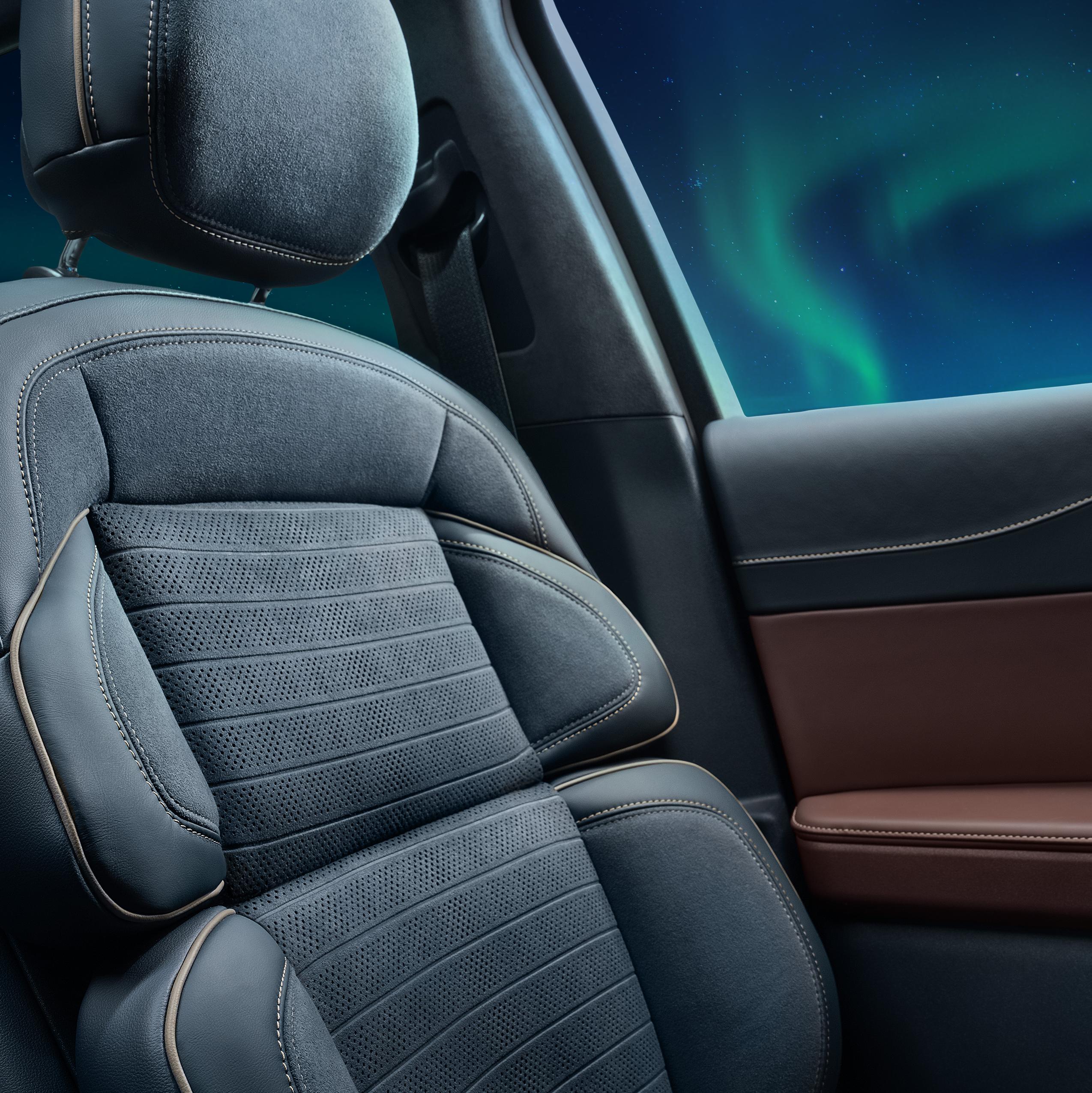 The driver's seat of a 2026 Lincoln Black Label™ Nautilus® SUV with Allura Blue Dinamica leather seating surfaces of the new Aurora interior theme