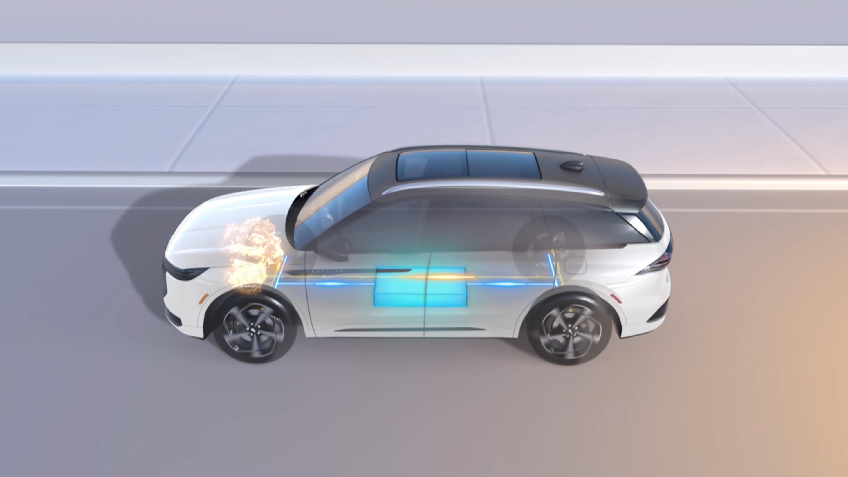 Una animación muestra cómo funciona el tren motriz híbrido en una SUV Lincoln Nautilus® 2027