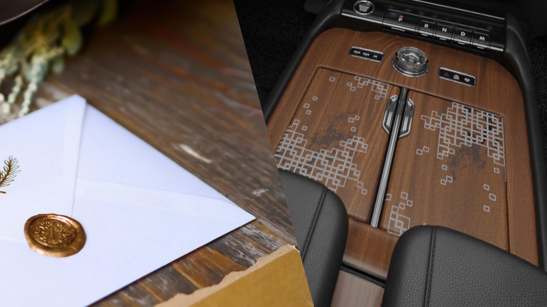 Una imagen lado a lado de un sobre que contiene una invitación y el tema interior Invitation