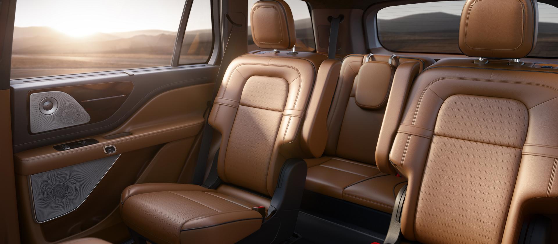 The Lush leather trimmed second-row seats of a 2027 Lincoln Aviator® Black Label™ SUV