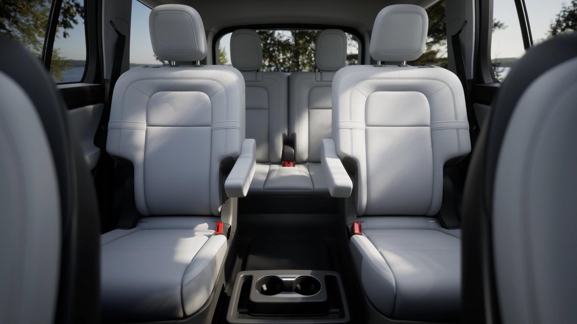 The second-row captain's chairs in a 2027 Lincoln Aviator® SUV with available heat.