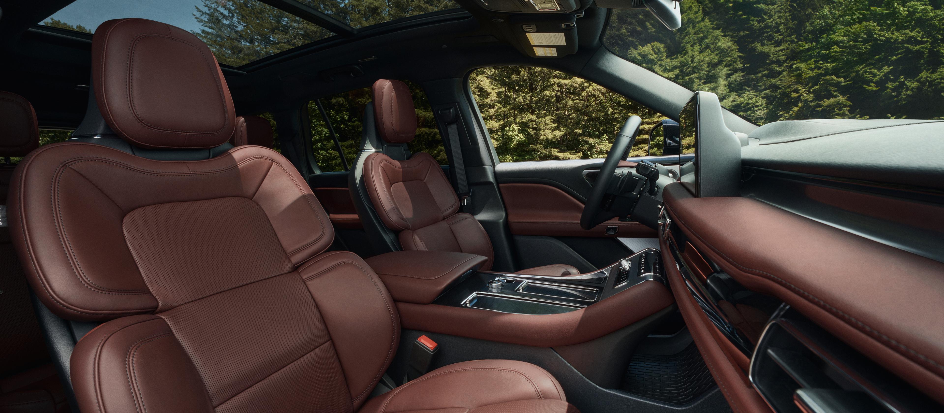 The interior of a 2026 Lincoln Aviator® SUV with available Perfect Position front seats