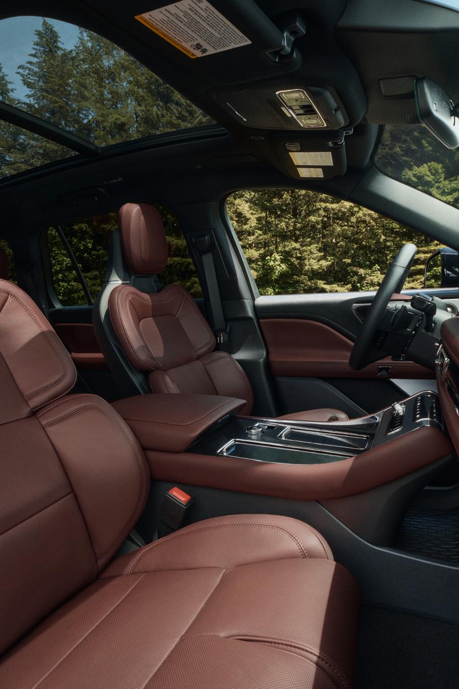 The interior of a 2026 Lincoln Aviator® SUV with available Perfect Position front seats