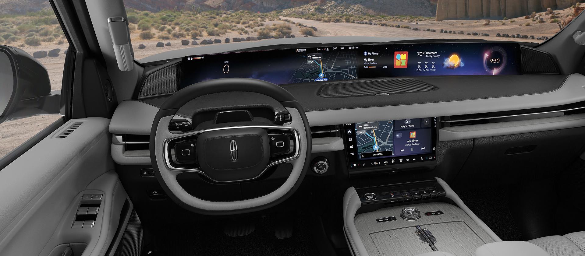 El interior de un modelo Lincoln Navigator Premiere 2026 en gris espacial claro medio