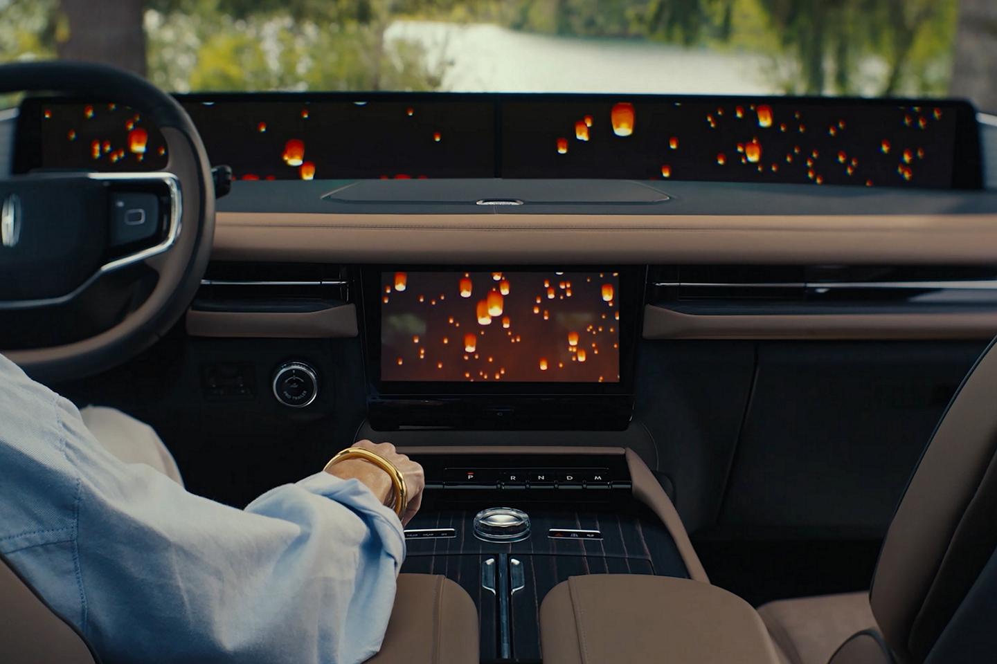 The interior of a A 2026 Lincoln Black Label Navigator® SUV with a Lincoln Rejuvenate sequence shown on the panoramic display