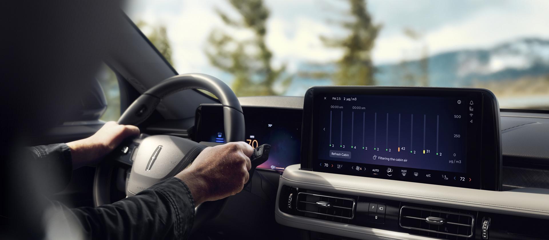 The interior of a 2026 Lincoln Aviator® SUV with available Auto Air Refresh setting on the center touchscreen